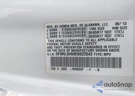 2014 Honda Odyssey Ex-L z USA, uszkodzony, nr VIN 5FNRL5H69EB022043